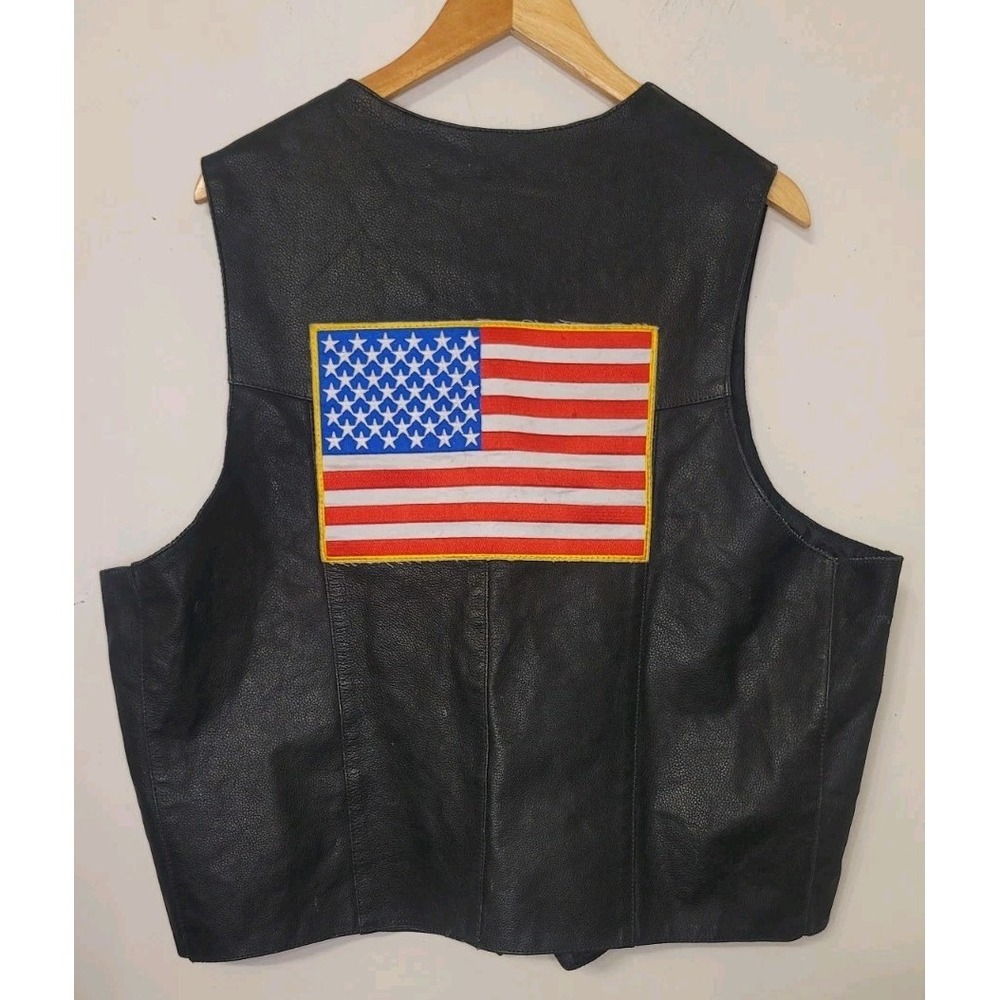 Black Leather Motorcycle Vest Men's 2XL Biker Patches 911 American Flag USA FDNY